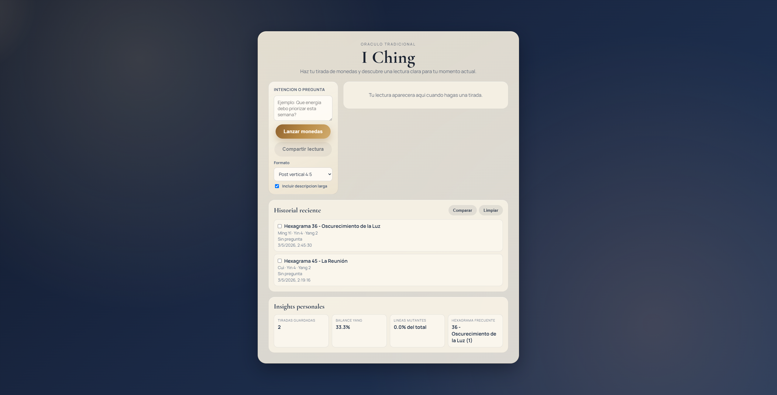 Captura del proyecto I Ching